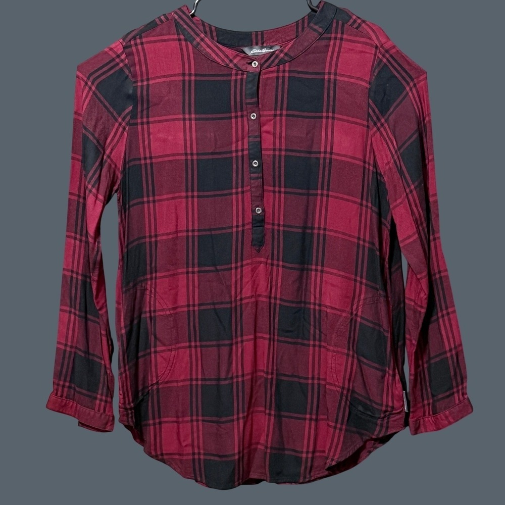 Eddie Bauer Womens Red Black Plaid Henley Tunic Top Long Sleeve Pockets Large